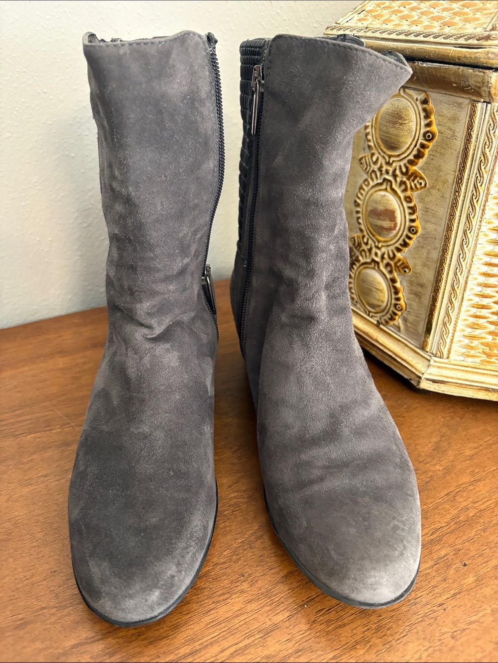 Aquatalia Charcoal Gray Suede Ankle Boots with Side Zip